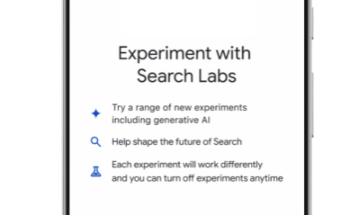 Search Generative Experience (SGE) graphic. Shows a search bar with text and Google using generative AI to provide results on a computer screen.