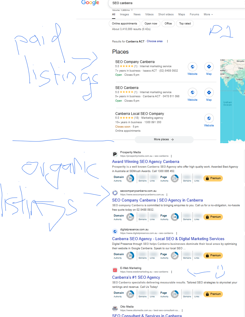 How does SEO work? Image demonstrates difference between paid listings and organic listings in search results pages