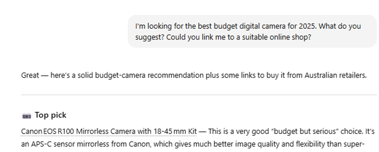 User uses ChatGPT to find out what is the best camera to purchase. Is SEO dead thanks to this AI search trend?