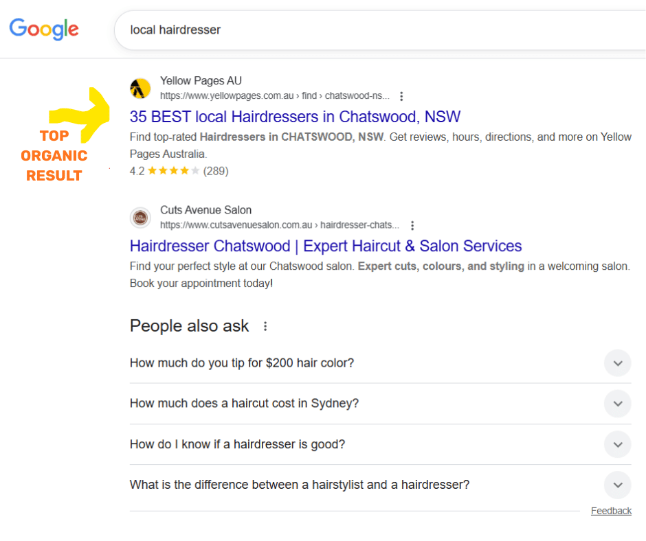 This is an example of the top organic result coming from a Sydney business directory (search: local hairdressers)