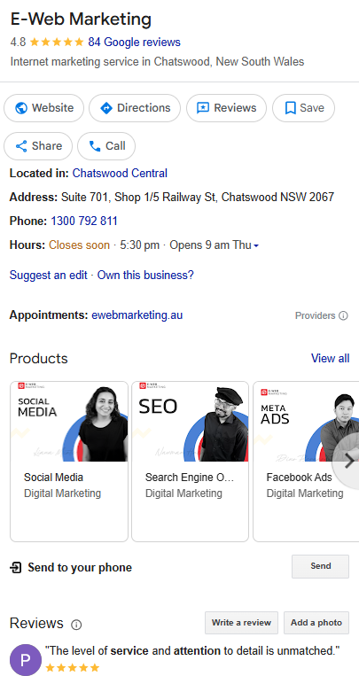 This is award-winning E-Web Marketing's Google Business Profile for local SEO.