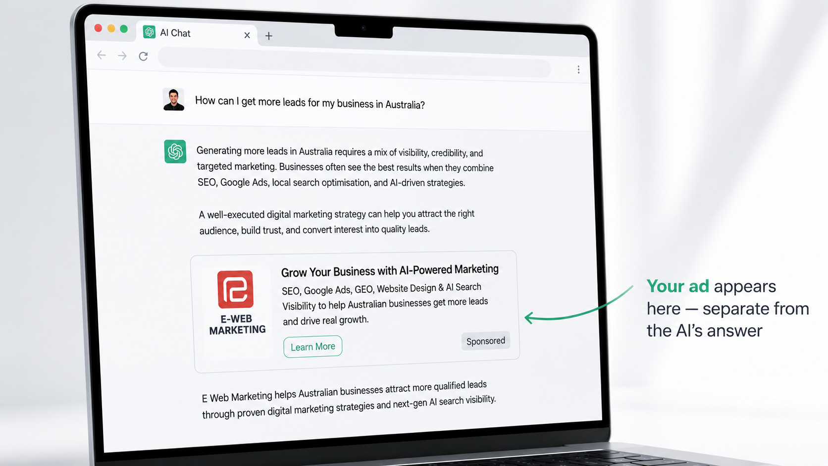ALT text What are ChatGPT Ads — example of a sponsored ad card appearing below a ChatGPT response for a small business query