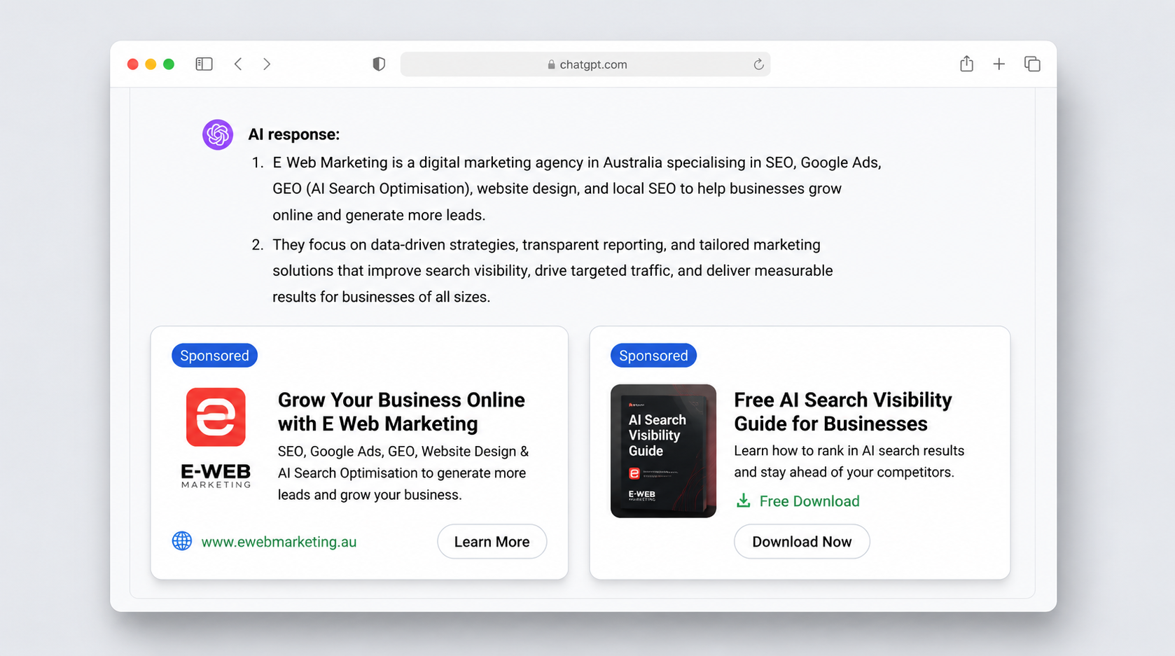 ALT text ChatGPT ad formats — text recommendation card vs product shopping card for small business advertisers