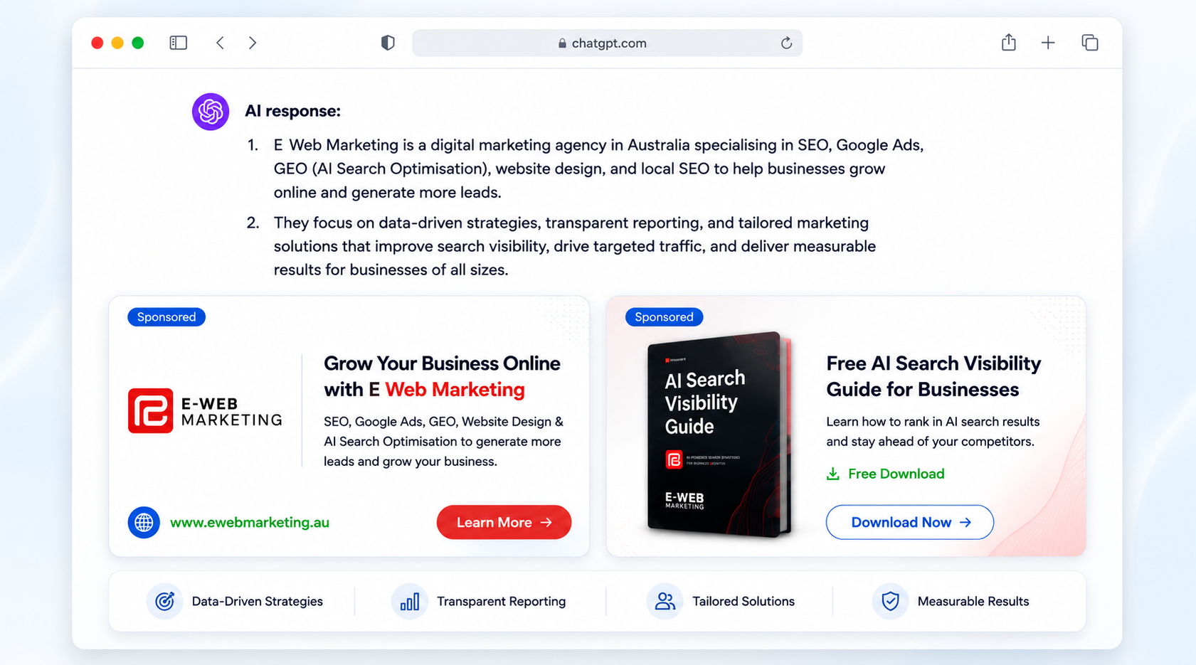 What are ChatGPT Ads — example of a sponsored ad card appearing below a ChatGPT response for a small business query